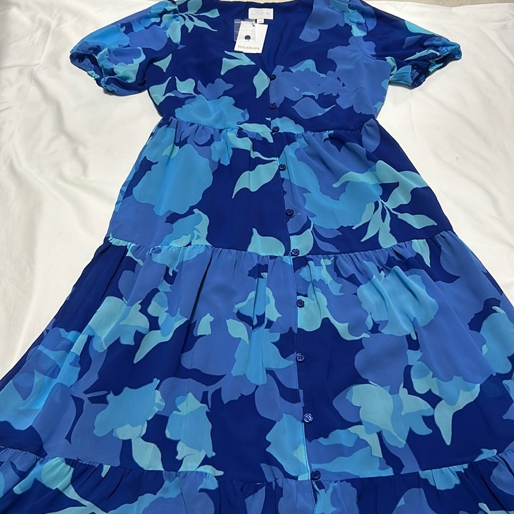 Sugar Lips Tiered  Button down Maxi Dress blue size S NWT